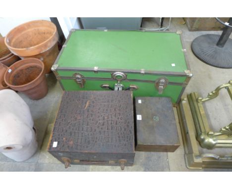 A banded trunk, a writing box and a sturdy faux crocodile skin box