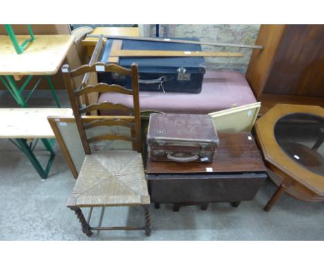 A mahogany Sutherland table, oak chair, tapestry fire screen, mirror, architect's drawing board, etc.