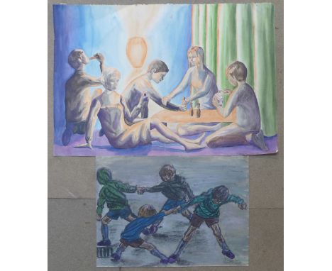 Virginia May, illustration of a group of young children and one other pastel drawing of children playing