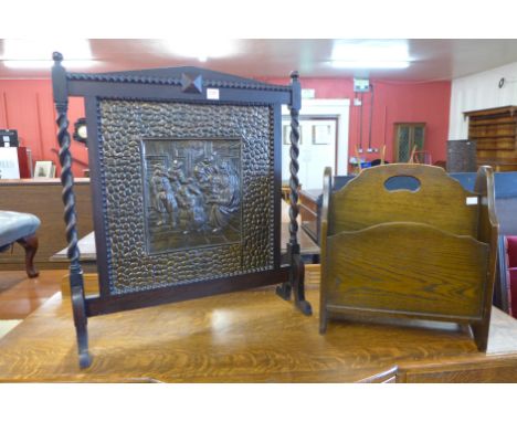 An oak firescreen and an oak paper rack