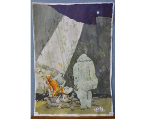 A Cut N Shut original comic book illustration, with two yeti, one holding broken robot, signed Cut N Shut and dated '07