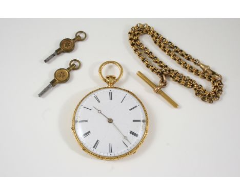 A FRENCH OPEN FACED POCKET WATCH the white enamel dial with Roman numerals, with foliate engraved polychrome enamel to the cu