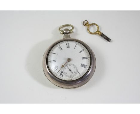 A SILVER PAIR CASED POCKET WATCH the white enamel dial with Roman numerals and subsidiary seconds dial, the movement signed R