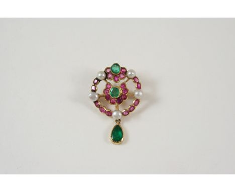 AN EMERALD, RUBY AND PEARL BROOCH PENDANT the gold openwork mount is set with oval-shaped rubies, two emeralds, five  unteste