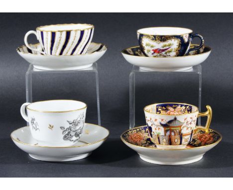 COLLECTION OF WORCESTER TEA WARES,  late 18th and 19th century, in various painted and printed patterns; and another trio, (1