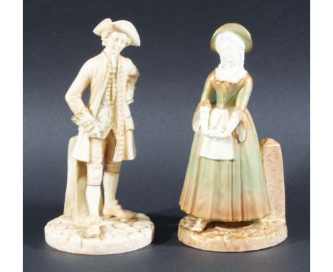 MATCHED PAIR OF ROYAL WORCESTER FIGURES, 1886 and c1941, of a gallant in blush ivory and his lady in shot enamels, printed an