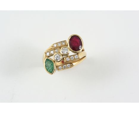 A DIAMOND AND GEM SET ABSTRACT RING the oval-shaped ruby and marquise-shaped emerald are set with circular-cut diamonds, in g