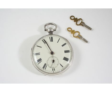 A SILVER OPEN FACED POCKET WATCH the white enamel dial with Roman numerals and subsidiary seconds dial, the movement signed D