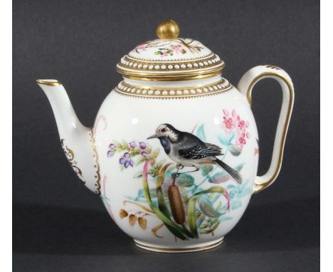 WORCESTER TEAPOT AND COVER, circa 1870, painted with a warbler amongst rushes and flowers beneath jewelled rims, height 12.5c