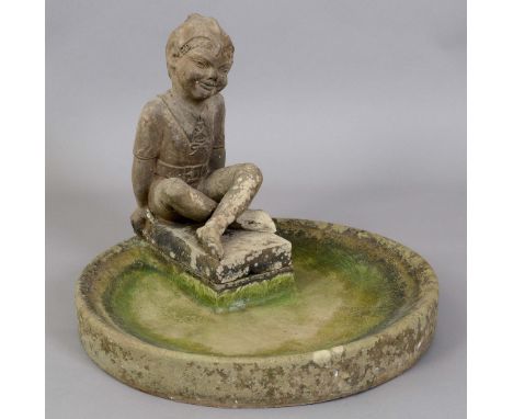 RARE DOULTON GARDEN STATUE & BIRDBATH - HARRY SIMEON a large stoneware figure of a Pixie 'Puck', on a rectangular shaped base