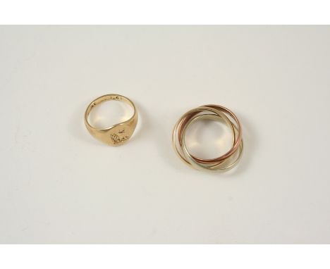 A 9CT. THREE COLOUR GOLD TRIPLE BAND RING 5.3 grams, size L, together with a 9ct. gold signet ring, engraved with a crest, 2.