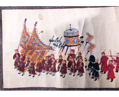 EXTENSIVE CHINESE SCROLL PAINTING,  probably 19th century, of a wedding or Imperial procession, depicting numerous bands of f