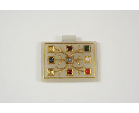 AN INDIAN NAVARATNA PENDANT the rectangular nephrite jade set with nine stones representing the nine plants of the Hindu astr