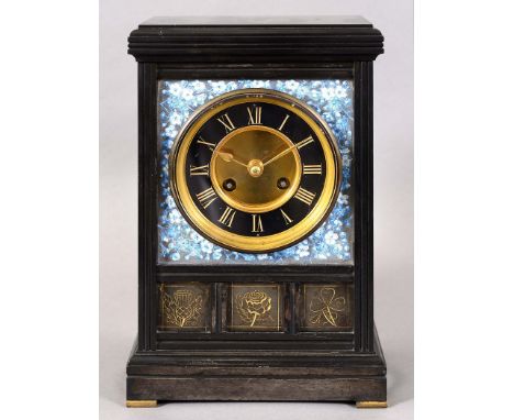 AESTHETIC MOVEMENT MANTLE CLOCK an 8 day mantle clock with a brass and slate dial with Roman Numerals, the surround painted w