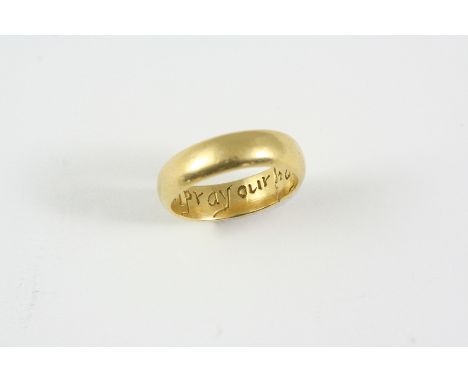 A GOLD POSY RING inscribed to the inside God I pray our happiness enjoy. Size M 1/2.