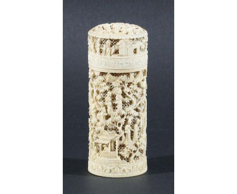 CHINESE IVORY BOX AND COVER, mid 19th century, pierced with figures, foliage and buildings, height 11.5cm