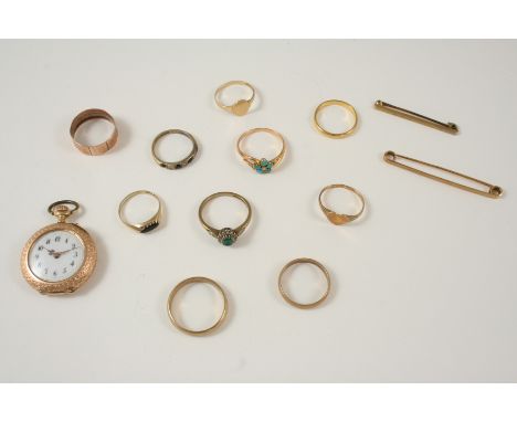 A QUANTITY OF JEWELLERY including a 14ct. gold open faced pocket watch, the back case with foliate engraved decoration, a tur