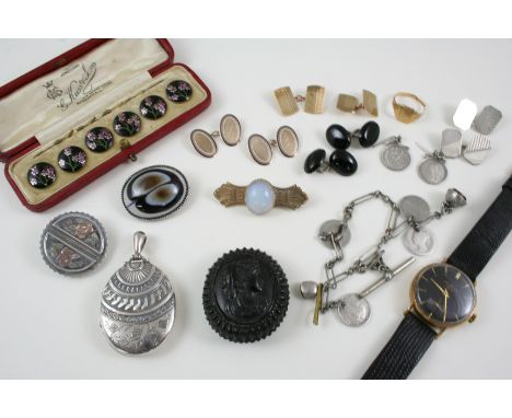 A QUANTITY OF JEWELLERY including a gentleman's gold wristwatch by J. W. Benson, a pair of 9ct. gold cufflinks, a pair of 9ct