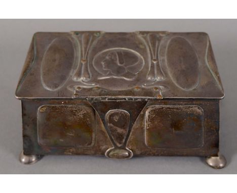 ART NOUVEAU SILVER BOX -  W G CONNELL a rectangular box with bun feet and hinged clasp, with a portrait of a lady on the lid.