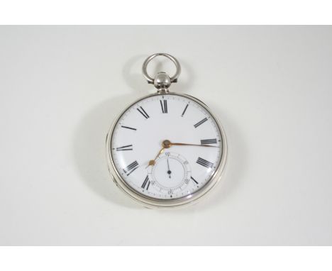 A SILVER OPEN FACED POCKET WATCH the white enamel dial with Roman numerals and subsidiary seconds dial, the movement signed A