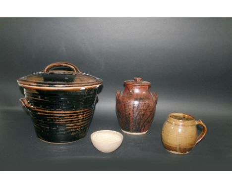 STUDIO POTTERY including a Wenford Pottery Jug (SH monogram mark), a large lidded pot by David Leach (some damage), a Lowerdo