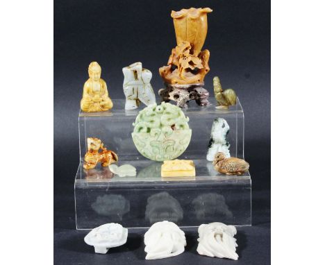COLLECTION OF CHINESE STONE CARVING, including jade type stones, comprising a vase, masks, amulets, animals and pendants (18)