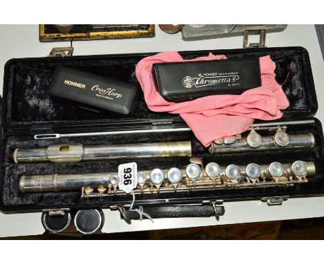 A CASED BUESCHER SILVERED FLUTE, with a cased Hohner 'Cross Harp' harmonica and a cased Hohner 'Chrometta 8' harmonica (3)