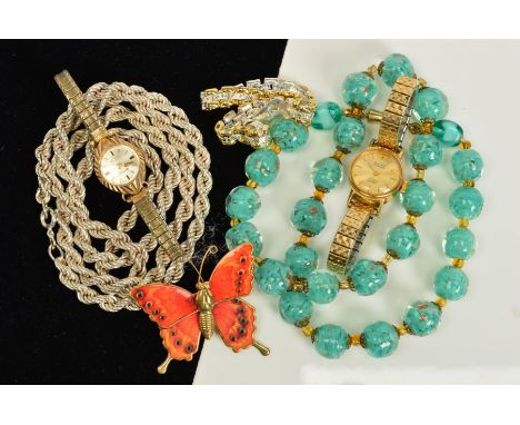 A SELECTION OF JEWELLERY, to include a Rotary wristwatch with a 9ct gold head, a gold plated wristwatch, a glass necklace, a 