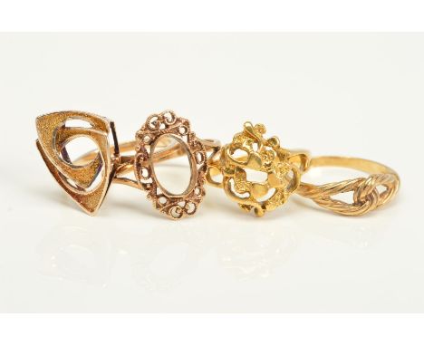 THREE 9CT GOLD RINGS AND A FURTHER RING, of the 9ct gold rings, the first with an interlocking triangle design to the top, th