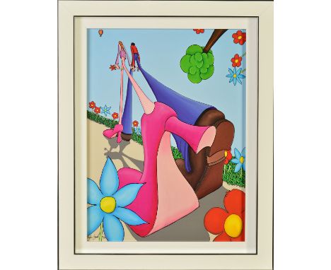 DYLAN IZAAK (BRITISH 1971) 'BEST FOOT FORWARD' a limited edition print 24/195, a fisheye view of a man and woman walking hand