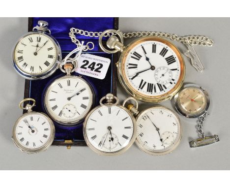 SIX POCKET WATCHES AND A NURSE'S FOB WATCH, to include a cased Benson pocket watch, white Roman numeral dial with a subsidiar