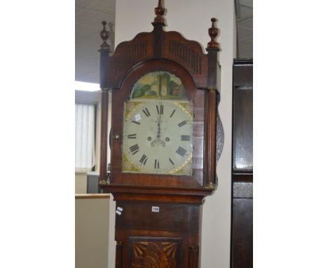 A GEORGE III OAK AND MAHOGANY BANDED EIGHT DAY LONGCASE CLOCK, the hood with later triple finials, wavy edge door frame flank