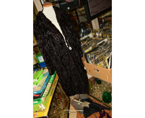 A PERSIAN LAMB FUR COAT, with three hook fastenings, wide cuffs, label for A.Dudkin,18, together with three late 19th to earl