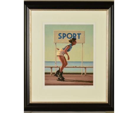 JACK VETTRIANO (BRITISH 1951) 'BLADES II', a young woman rollerblading on a promenade, limited edition print 64/250, with cer
