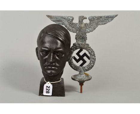 A CAST TWO PIECE BUST OF 'ADOLF HITLER' approximately 20cm tall, poor quality casting and an alloy car or truck bonnet 3rd Re