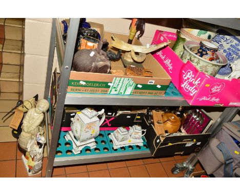 FOUR BOXES AND LOOSE CERAMICS, METALWARE, SUNDRIES ETC, to include Franklin Mint oriental tea service on two stands (5), 'Wil