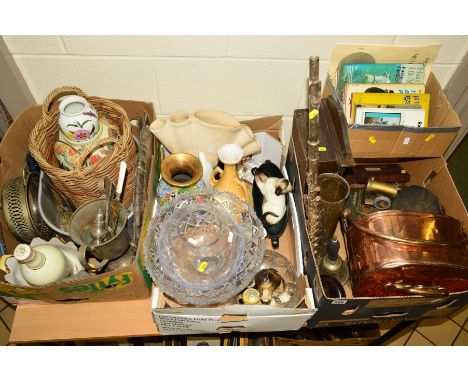 FOUR BOXES OF SUNDRY ITEMS to include copper coal scuttle, brass bells, model stationary steam engine, Royal Doulton D6813 'T