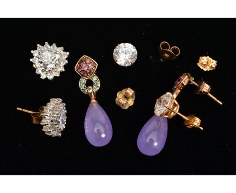 THREE PAIRS OF EARRINGS, the first a pair of circular colourless cubic zirconia studs, stamped 14k, the second pair designed 