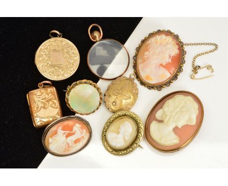 A COLLECTION GOLD PLATED PENDANTS AND BROOCHES, to include a shell cameo, three lockets and portrait locket and mother of pea