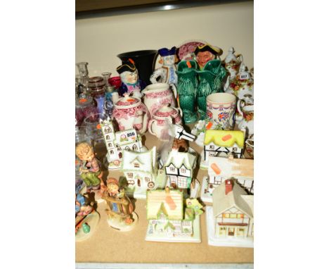 A GROUP OF CERAMICS, to include six Coalport houses, Coalport church, and Coalport windmill (a/f), Hummel 'Little Tailor' HUM