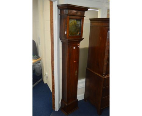 A LATE 17TH CENTURY STYLE EIGHT DAY OAK LONGCASE CLOCK, the hood with moulded pediment and blind fret, carved heart, square h