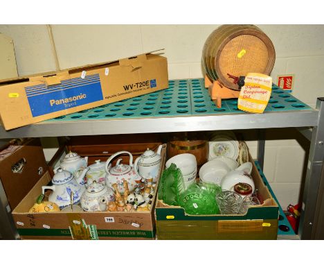 TWO BOXES AND LOOSE CERAMICS, GLASS, SUNDRIES ETC, to include Franklin Mint Noahs Ark novelty cruet sets (missing the monkey)