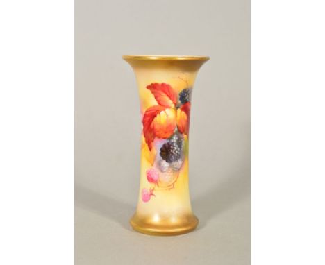 A SMALL ROYAL WORCESTER BUD VASE, decorated with Autumnal fruits and leaves by Kitty Blake, shape No G923, height 11.5cm