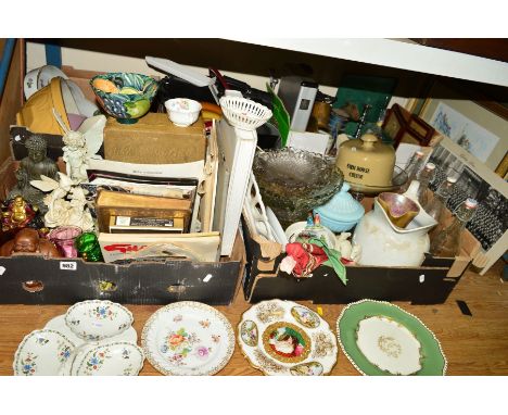 FIVE BOXES AND LOOSE OF CERAMICS, SUNDRIES etc, including Chamberlain Worcester cabinet plate (a/f), Dresden cabinet plate, R