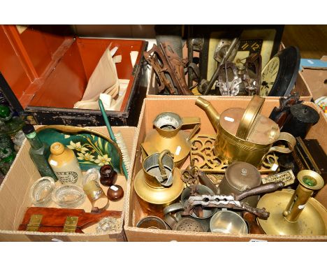THREE BOXES OF MOSTLY METALWARE AND A METAL DEED BOX, including miners lamp, brass trivets, jugs, nut crackers, two metal wal
