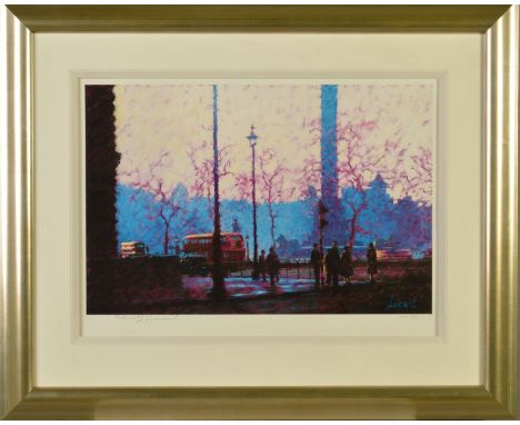 ROLF HARRIS (AUSTRALIAN 1930) 'BUSES IN TRAFALGAR SQUARE',  a limited edition print 347/395, signed to the lower margin, no c