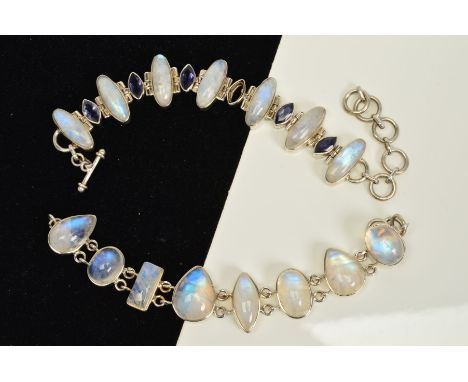 TWO GEM SET BRACELETS, the first designed as a row of elongated oval labrodite cabochons interspaced by marquise shaped blue 