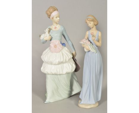 TWO LARGE NAO FIGURES, 'My Little Bouquet' No1350, height 32cm and a lady walking, holding a dog and her hat, height 34cm (2)