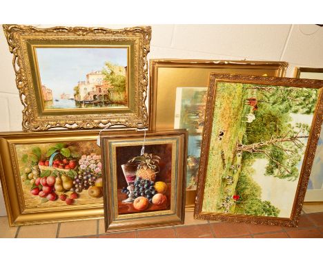 FOUR MODERN OIL PAINTINGS comprising of two still life studies of fruit by A.Wilson, approximate largest size 30cm x 40cm, a 