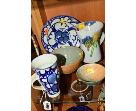 JANICE TCHALENKO FOR DARTINGTON POTTERY, a jug decorated with a flower design, together with two Studio Pottery bowls, both w